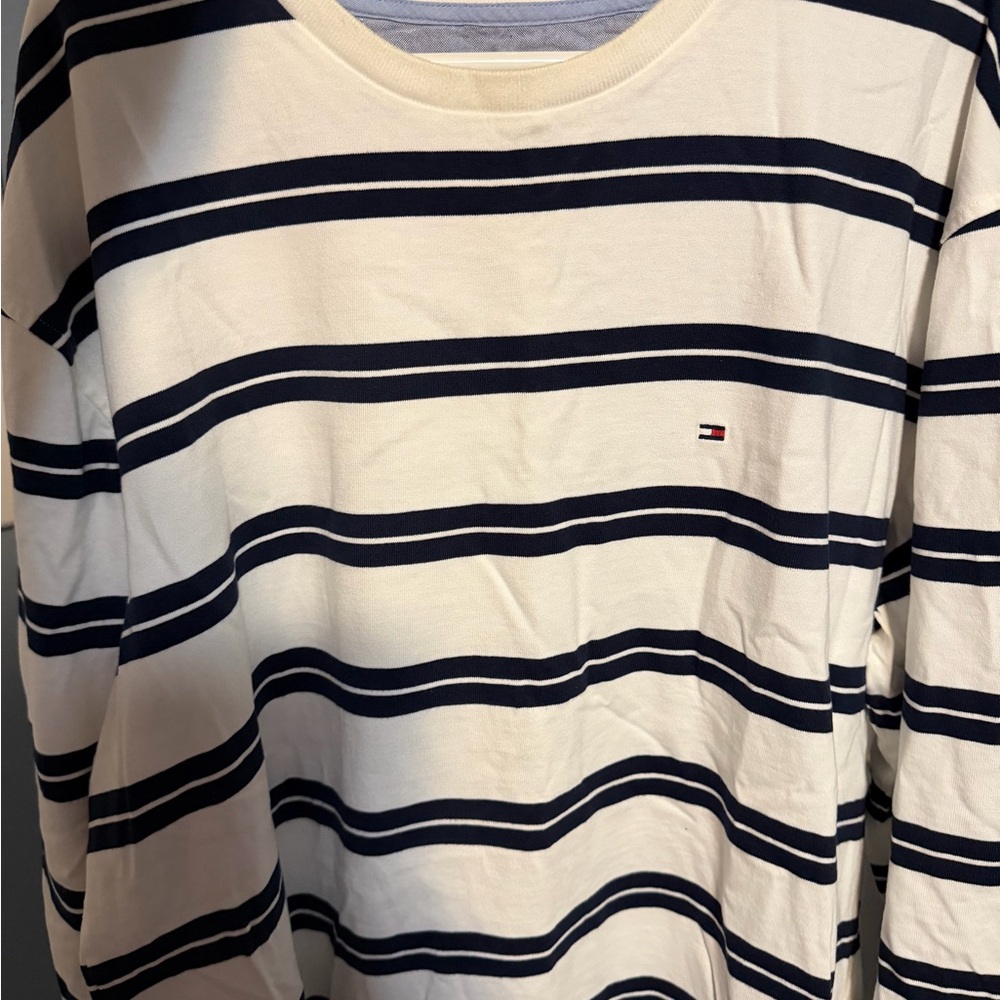 Tommy Hilfiger White & Navy Striped Long Sleeve Tee